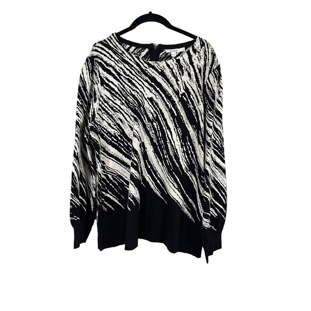 Chicos Striped Sweater XL Black Animal Print Retro Neutral Safari Classic Chic